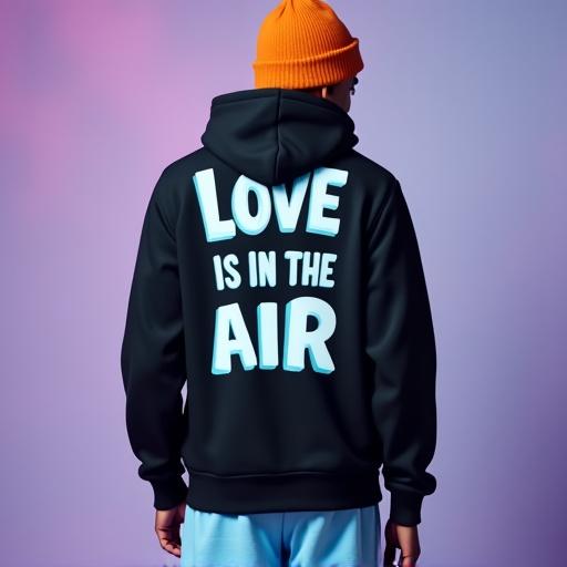 Young dark-skinned male model wears black hoodie with 'LOVE IS IN THE AIR' text in bubble letters. Matching light blue sweatpants and knitted orange beanie. Model is positioned from back, mid-shot angle. Background muted purple-lavender with iridescent splashes. Bright lighting emphasizes trendy streetwear style.