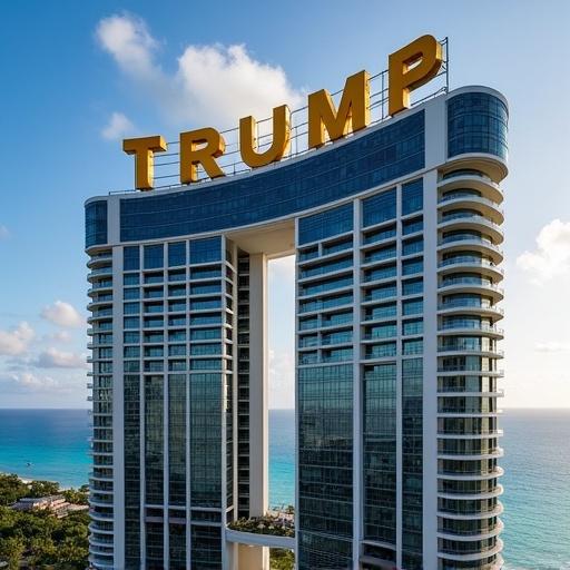 Trump Twin Towers in Hawaii. Golden sign on top of the towers. Very tall buildings with an ocean backdrop.
