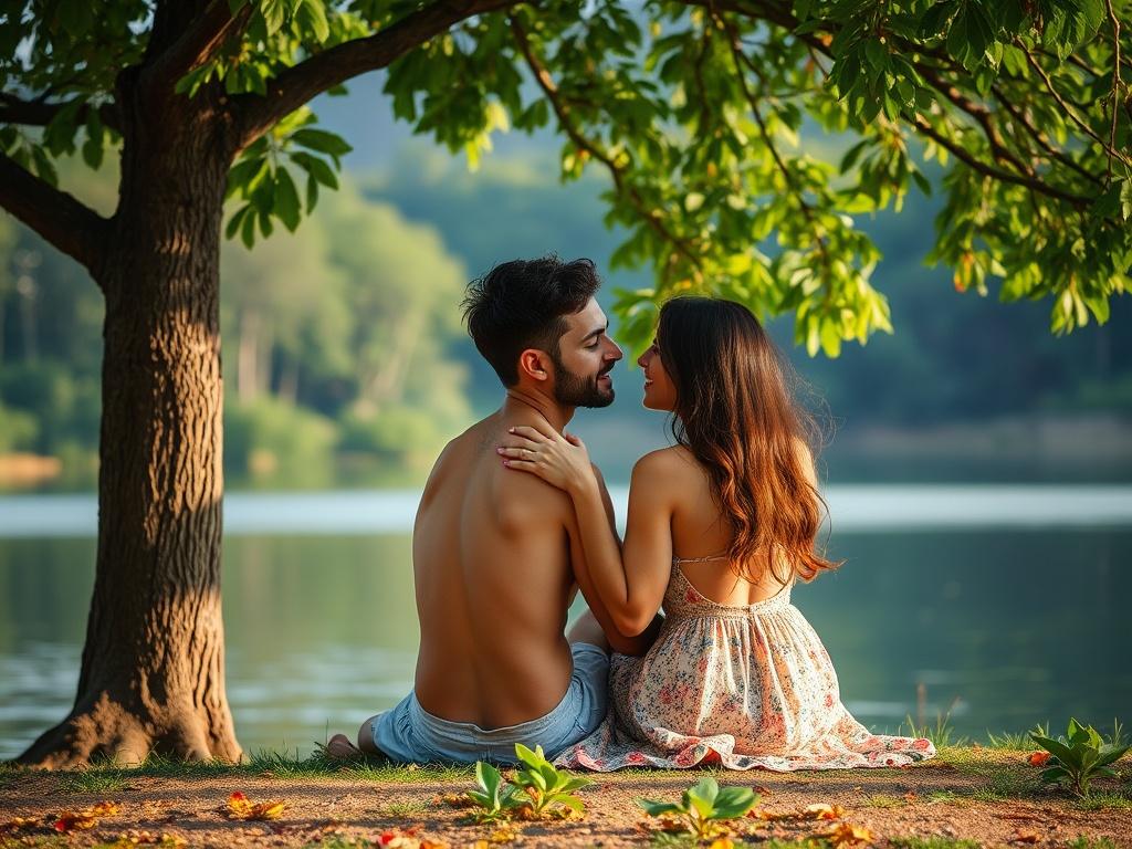 A couple sits under a large, leafy tree by the edge of a tranquil lake, enjoying a moment of intimacy. The woman, in a floral dress, gently holds the man close as they gaze into each other's eyes, enveloped by nature. The afternoon sun filters through the leaves, casting a warm glow over the scene, creating an atmosphere of peaceful romance.