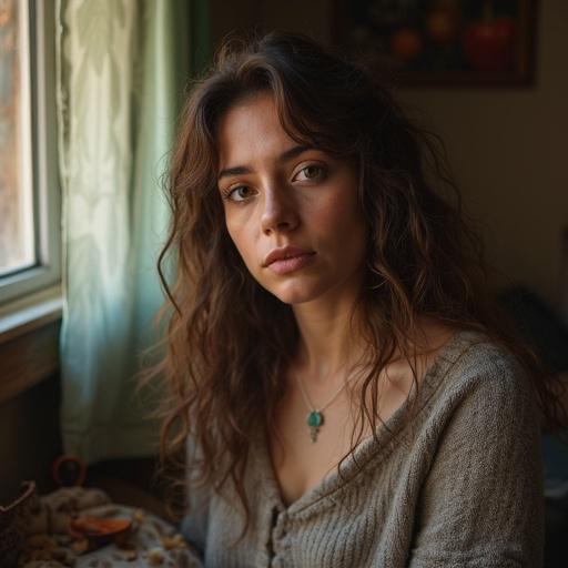 Person sitting at home looking out window in a cozy atmosphere. Natural light illuminating face with soft focus. Casual home decor in the background. Warm and inviting space.