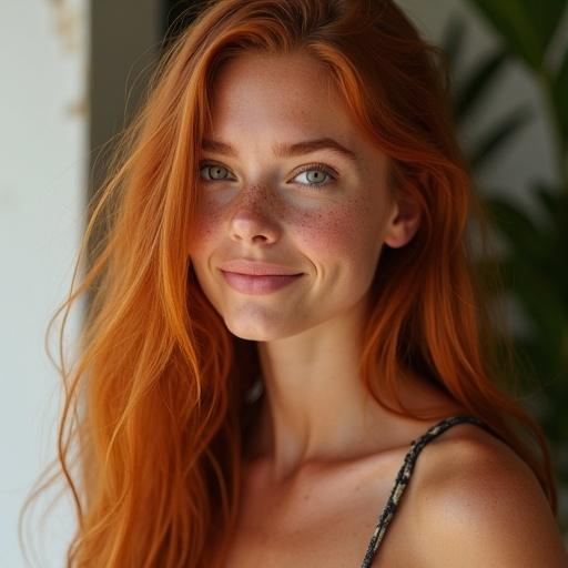 Portrait of a woman with long red hair and freckles in a naturally lit setting. Very fair skin with rosy undertones and light golden brown almond-shaped eyes. Thin nose with smooth light pink lips. Hair in soft waves parted left. Minimal natural makeup and athletic hourglass figure. Seen against a backdrop of greenery, conveying a serene and friendly mood.