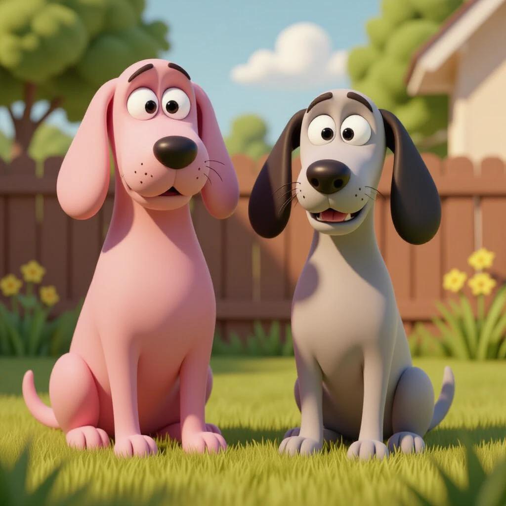 3D Pixar-style image features Courage the Cowardly Dog and Scooby-Doo. They sit side by side in a sunny backyard. Courage is light pink with a large head and panicked expression. Scooby-Doo has brown fur and a friendly yet scared look. Background includes green grass and a wooden fence. Soft natural daylight lights the scene.