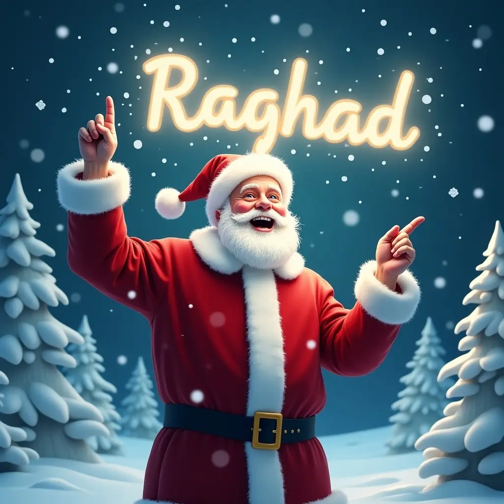 Image depicts joyful Santa Claus standing in winter wonderland. Santa is dressed in his traditional red suit and white trim. He points upward as if magically writing a name in the sky. Snowflakes fall around him. Background features snowy trees. Name Raghad is written in bright, glowing letters in the sky.