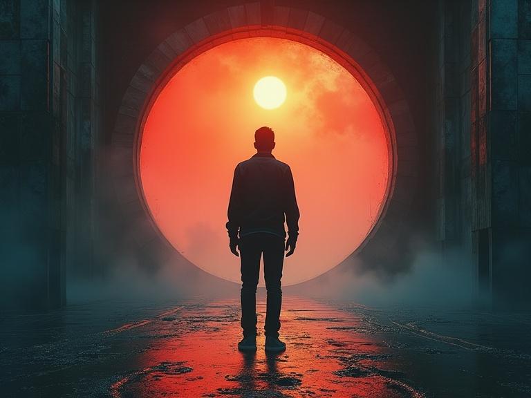 Create an image illustrating false perception of danger in a daily scenario. Focus on an observer looking forward through a portal. The foreground shows a distorted shadow perceived as a threat. The second plane reveals the benign reality behind the shadow. A photorealistic style with dramatic lighting emphasizing the contrast between perceived danger and true nature.