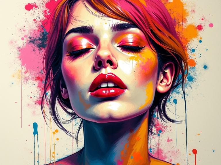 Vibrant abstract portrait featuring a person with closed eyes and full lips. Bold colors of pink, orange, yellow, and blue blend together with expressive brushstrokes and geometric shapes. The background is light with scattered paint marks, creating a chaotic composition.