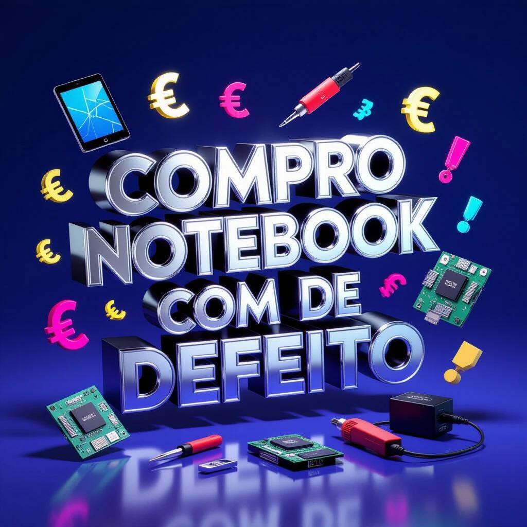 3D rendered advertisement image with bold 3D typography spelling 'COMPRO NOTEBOOK COM DEFEITO'. Metallic finish with deep extrusion and realistic shadows. Surrounded by 3D icons like broken tablets, euro symbols, tech repair equipment, motherboard components, neon exclamation marks, power adapters, graphics cards, and wifi symbols. Background features deep green to teal gradient with cyberpunk lighting effects and hexagonal patterns.