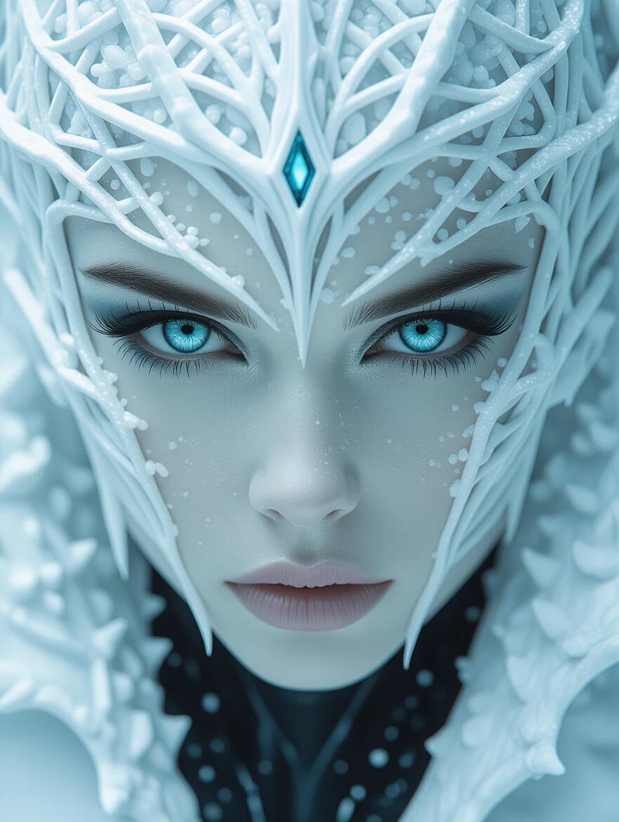 Ultra HD surreal portrait of an icy humanoid figure. The figure's skin tones are monochromatic white with blue eyes. The image contains high-contrast lighting and photorealistic textures. The atmosphere feels transcendent with a gothic futurism style. The portrait showcases sculptural features resembling ice. The overall expression is mysterious and captivating.
