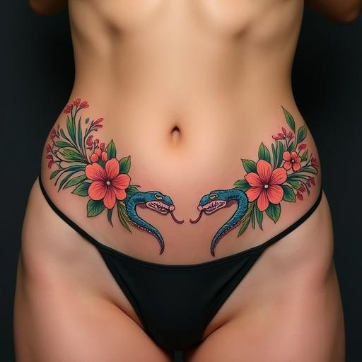 Symmetrical floral tattoo featuring two colorful flower garlands on the abdomen and above the pelvic bone. The garlands include bright flowers with minimal foliage. One garland ends with a Clitoria ternatea flower and the other with a snake head. The design is feminine and harmonious with flowing lines. Rich colors and botanically inspired.