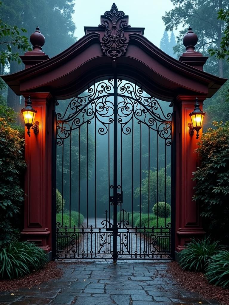 This image features an intricately designed wrought iron gate framed by stately red columns, set at the entrance of a lush, misty garden path. The gate is gently lit by warm, glowing lanterns on either side, creating a sense of mystery and inviting curiosity. The background is filled with fog and greenery, enhancing its enchanting atmosphere.