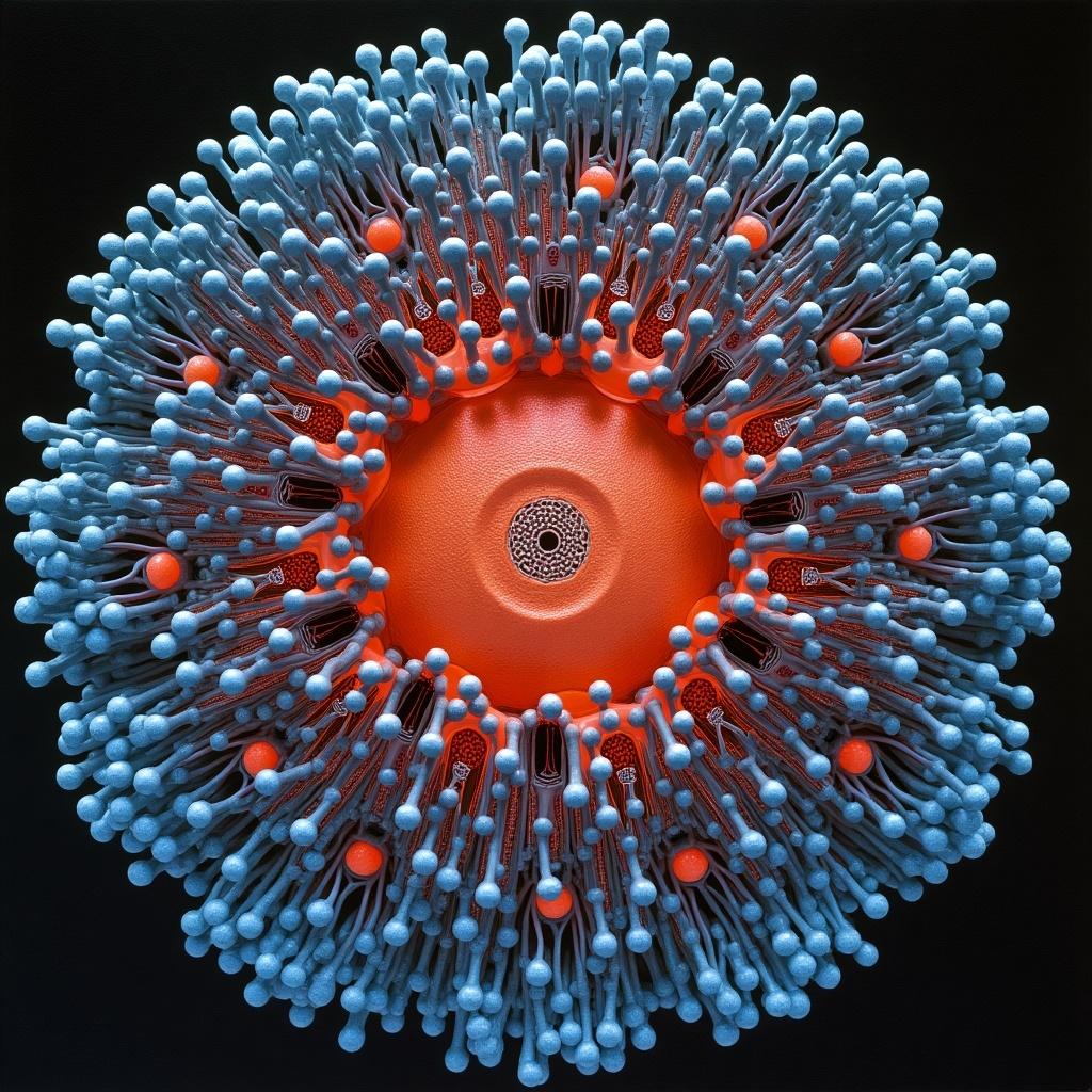 Visual depiction of a Hadley cell. Highly detailed and symmetrical structure. Central core surrounded by various elements. Bright colors emphasize the biological theme.