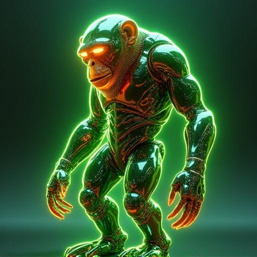 A full body robot ape with a thick glass texture. Colorful green and orange hues. Neon light edges illuminate the figure. Enhanced visualization for a high-quality render.