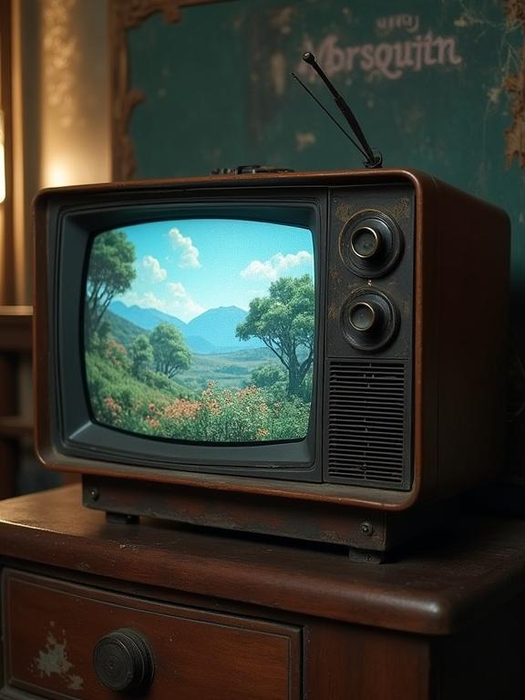 Old fashioned television set with a vibrant landscape scene inside. The television has a wooden finish and its antenna is slightly bent. The scene features lush greenery and mountains.