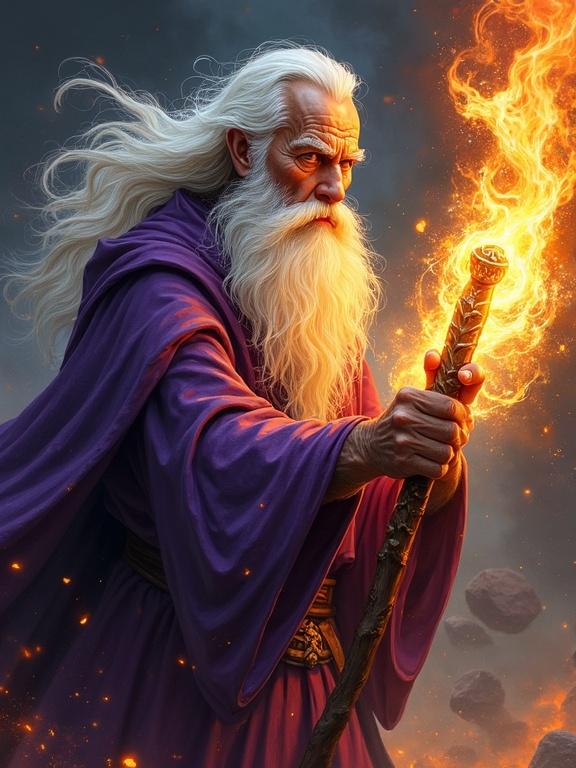 Elder wizard with white beard holding fiery staff. Purple robe and brown belt. Intense expression and flowing pose. Magical energy emanates from staff and hands. Dark background with dramatic lighting. Stylized comic book art with detailed brushstrokes. Realistic magic portrayal.