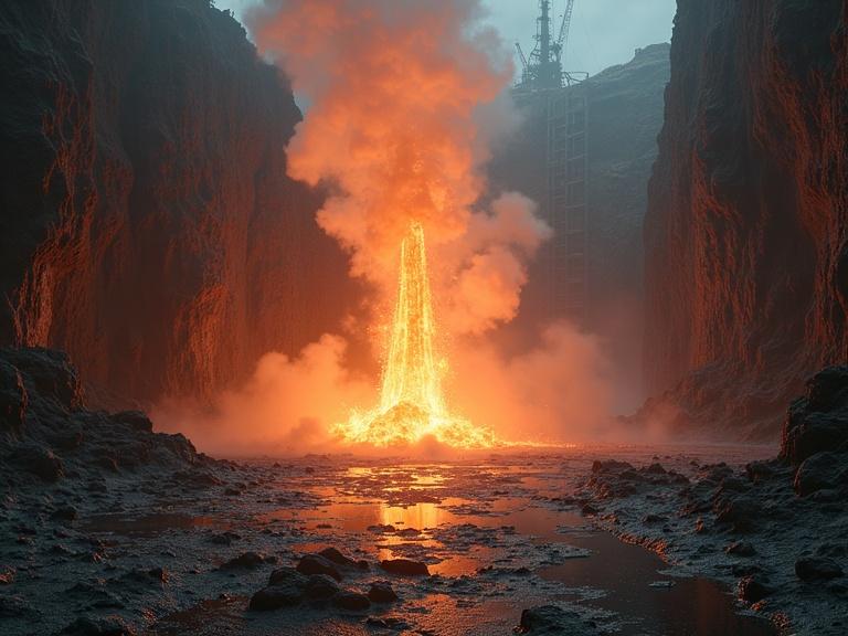 A geyser created from nanites erupting from a cracked vessel. Surroundings include dissolving steel walkways and a glow of radiation in the steam.