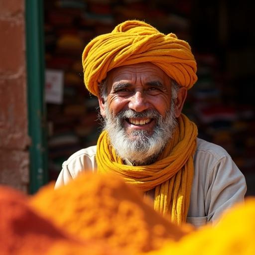 A 55-year-old Berber man sitting behind a stall of colorful spice sacks in Marrakech. Sunlight deepens the grooves in his weathered face. A silver tooth glints as he smiles. Henna patterns stain his calloused hands. A turban shadow falls across one eye. Dust motes float in the beam striking his turmeric-yellow scarf.