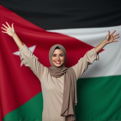 Photorealistic woman holds Jordanian flag arms outstretched smiling at camera. She wears long-sleeved dress with high neckline and headscarf. Flag has red white green black colors symbolizing national pride solidarity.