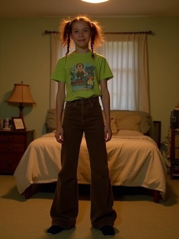 Screenshot from a 2000s home movie. Dimly-lit bedroom with warm lighting. A woman stands on carpet with a smirk. Messy dark red pigtails. Wearing a lime-green Tshirt with a print. Long brown corduroy bellbottom trousers covering black socks.