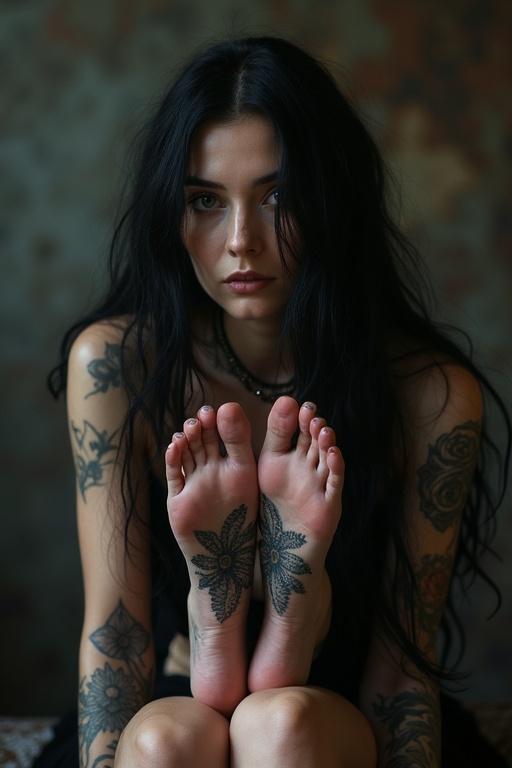 A mature goth woman with long black hair. She has tattoos on soles of her bare feet.