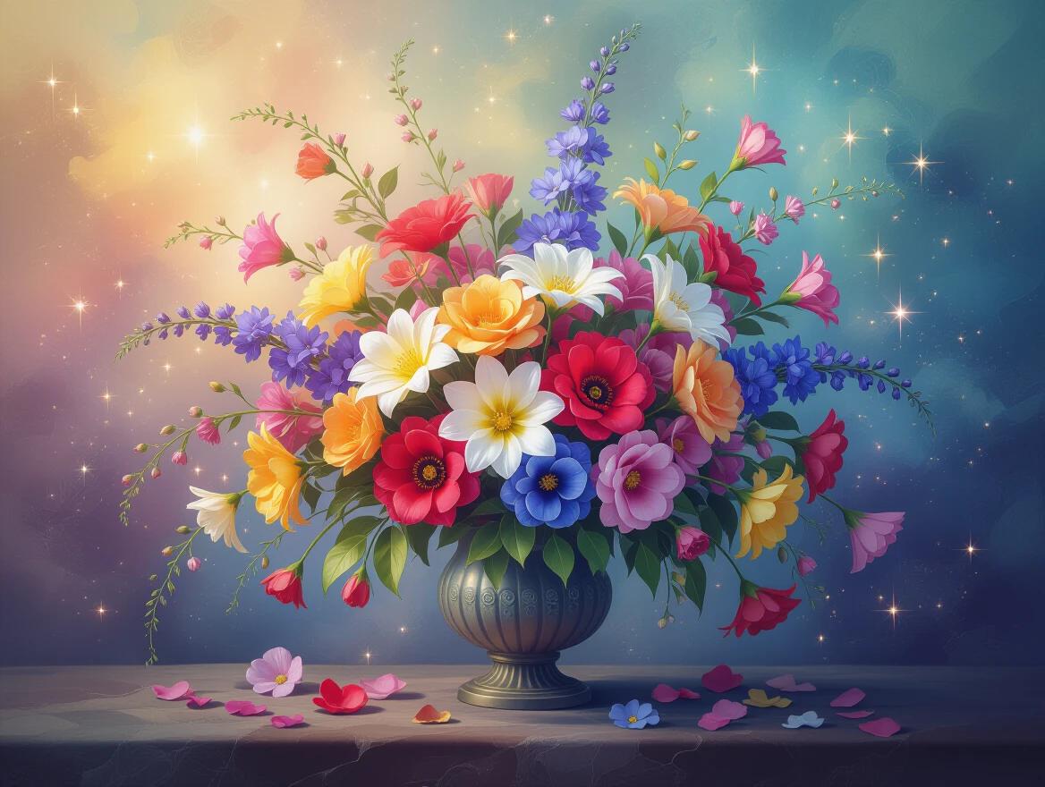 A vibrant bouquet of various flowers in a decorative vase. Flowers in vivid colors like red yellow blue and pink. Background features a magical atmosphere with soft glowing lights and a dreamy effect. Colorful flower petals scattered around the base of the vase.