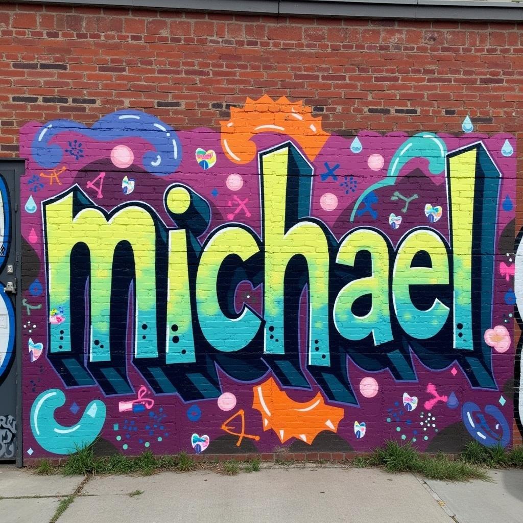 Vibrant graffiti mural featuring colorful text and patterns on a brick wall. The word 'michael’ prominently displayed in large letters.