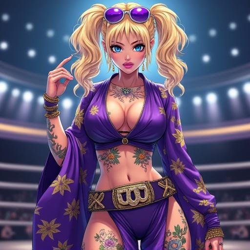 Anime character in a luxurious martial arts arena. Woman with large light blonde pigtails and purple outfit. Powerful look with colorful tattoos. Wearing sunglasses and championship belt. Half Japanese and half Saiyan. Night scene with dramatic lighting.