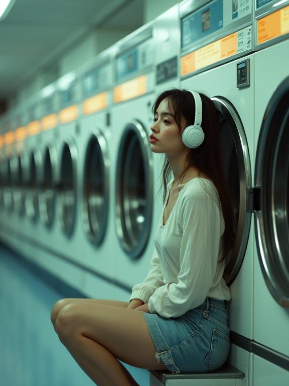 A woman with headphones is sitting on a washing machine in a laundromat. The scene has a retro future and 90s Tokyo style with muted pastel colors. The woman is the main focus, creating a detailed portrait within the urban setting.