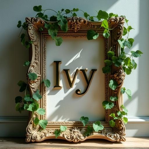 A decorative photo frame with the name Ivy. The frame is ornate and surrounded by lush green ivy leaves. Natural light enhances the beauty of the frame and the plants.