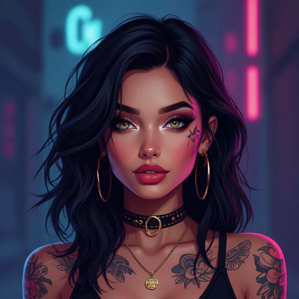 A captivating digital illustration of a woman with dark hair. The subject has a mysterious expression and notable tattoos. She is wearing trendy fashion and set against a dark neon tech backdrop.