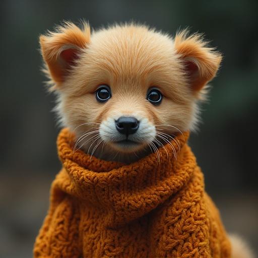 A fluffy puppy wearing an orange knitted sweater. The puppy has a cute, innocent expression, looking directly at the camera. The background is softly blurred to emphasize the puppy's features.