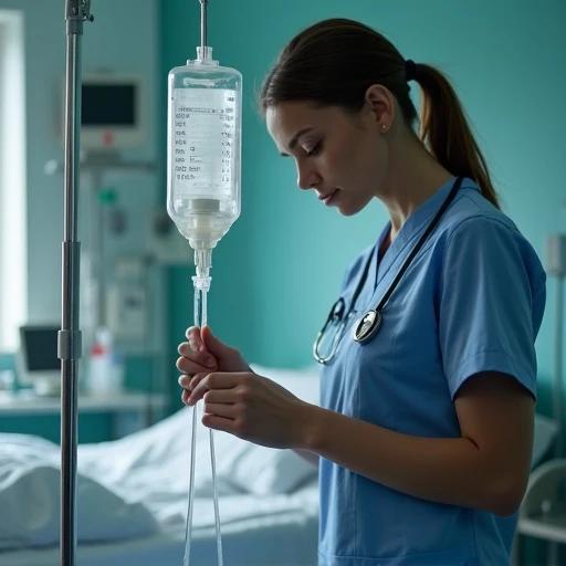 Nurse adjusts an IV drip in a hospital room. The nurse wears a slightly crumpled uniform. Hospital equipment and a monitor can be seen in the background. The room has a clinical ambiance with a soft color palette.