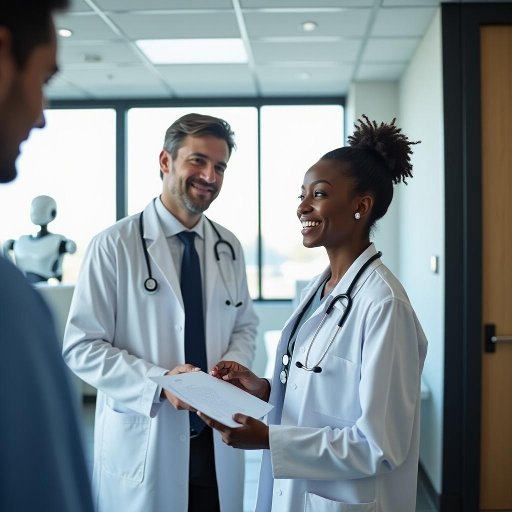 In this image, a confident black female doctor wearing a white coat and stethoscope is seen engaging with a patient in a bright and modern exam room. She listens attentively as she interacts, showcasing professionalism and compassion in healthcare. Accompanying her is a male doctor, also dressed in a white coat, who smiles welcomingly. The background includes clinical equipment and large windows that let in natural light, contributing to a positive atmosphere. A shadowy figure represents the integration of artificial intelligence in this healthcare setting. The overall portrayal emphasizes care and approachability in medical services.