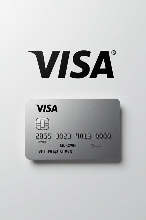Realistic image of a credit card with Visa logo prominently displayed. Card number and name Mckown clearly visible. Expiry date included. Clean silver background and bold black text.