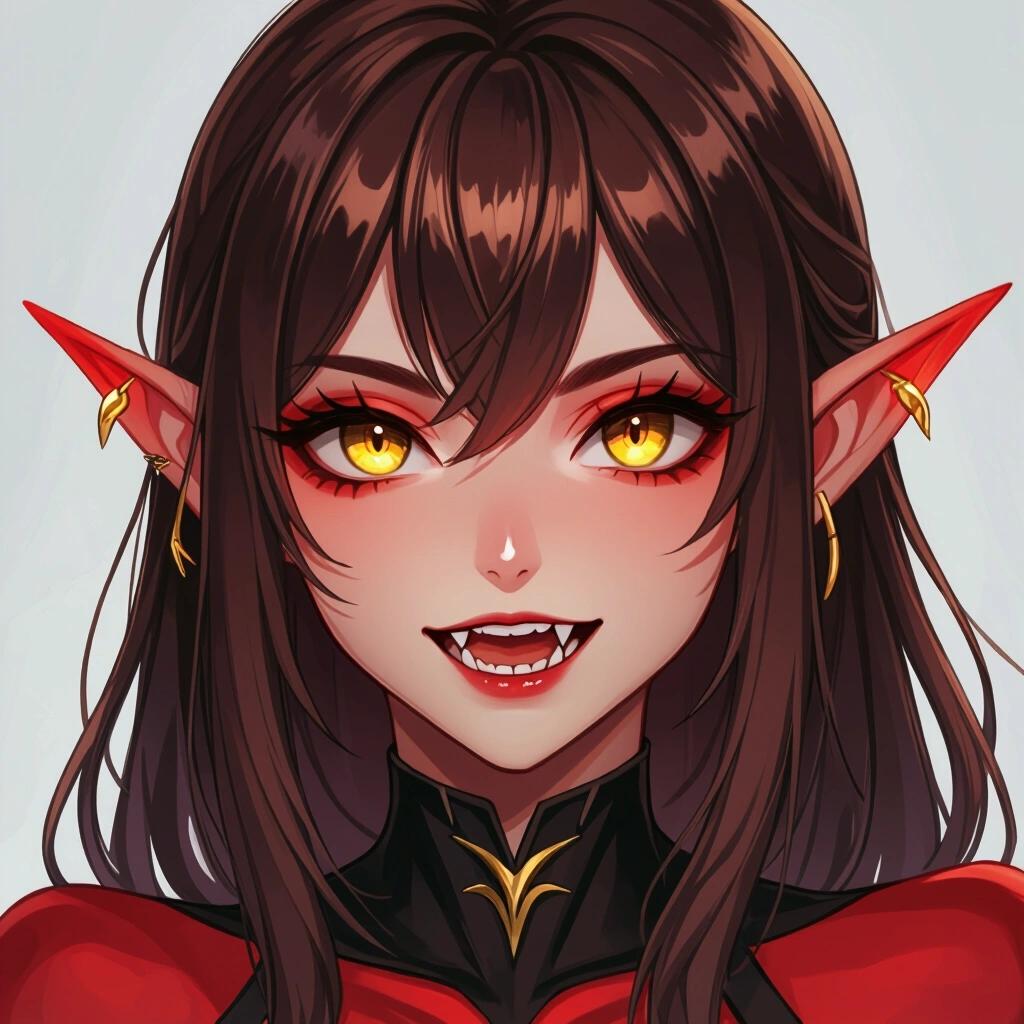 Closeup of anime style female demon elf with bright crimson skin golden eyes and brown hair with bangs. Slightly open mouth and sharp teeth.
