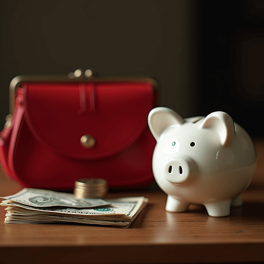 A white piggy bank and a stack of cash with a red purse in the background on a wooden table.