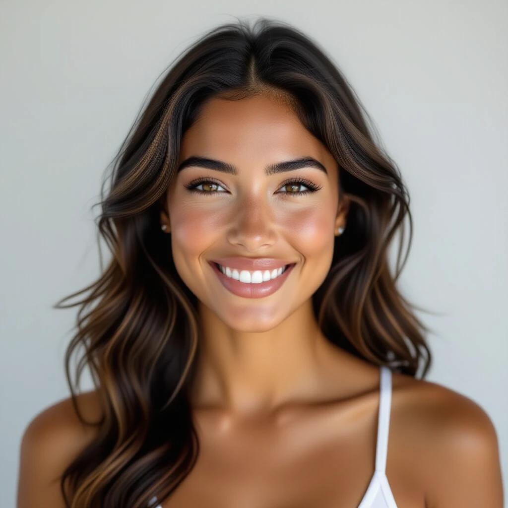 Ultra-realistic medium shot of a Puerto Rican woman. She is fit and looking at the camera with a huge smile. Deep dark brown bronzed skin has high contrast tan lines. Light green eyes are hyper-detailed. Long wavy black hair with sun-touched strands and subtle freckles on cheeks. Background is neutral white wall in soft lighting with a naughty expression.