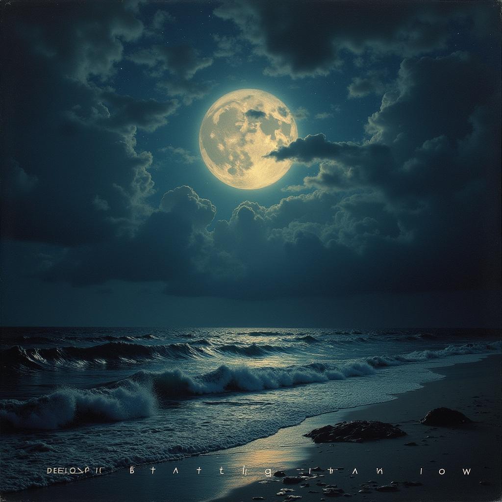 Captivating night scene featuring a large full moon above ocean waves. Complex art design intended for a music album cover with text Breathing Low.