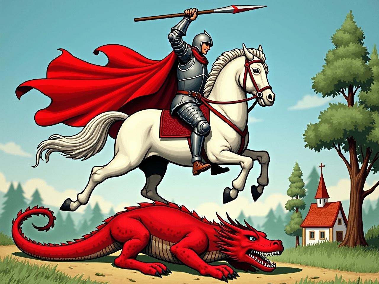 The image depicts a knight in armor riding a white horse. The knight holds a spear aloft, displaying a sense of triumph. Below the horse, a fierce red dragon is positioned, appearing to be subdued. The knight wears a flowing red cape, adding to the dramatic effect of the scene. In the background, there are trees, a blue sky, and a small church, enhancing the narrative of a classic heroic tale. The overall color palette is vibrant, emphasizing the intensity of the battle between the knight and the dragon.