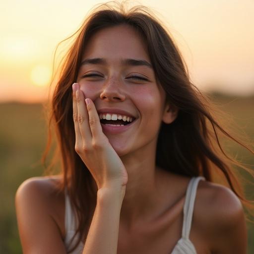Realistic portrait of a young woman laughing. She has pale skin and dark brown hair. Brown eyes sparkle with joy. No makeup shows natural beauty. She wears a light summer dress. Her petite body bends slightly as she laughs hard, hand covering mouth in embarrassment. Shot at eye-level with shallow depth of field. Dramatic warm lighting at golden hour with God rays.