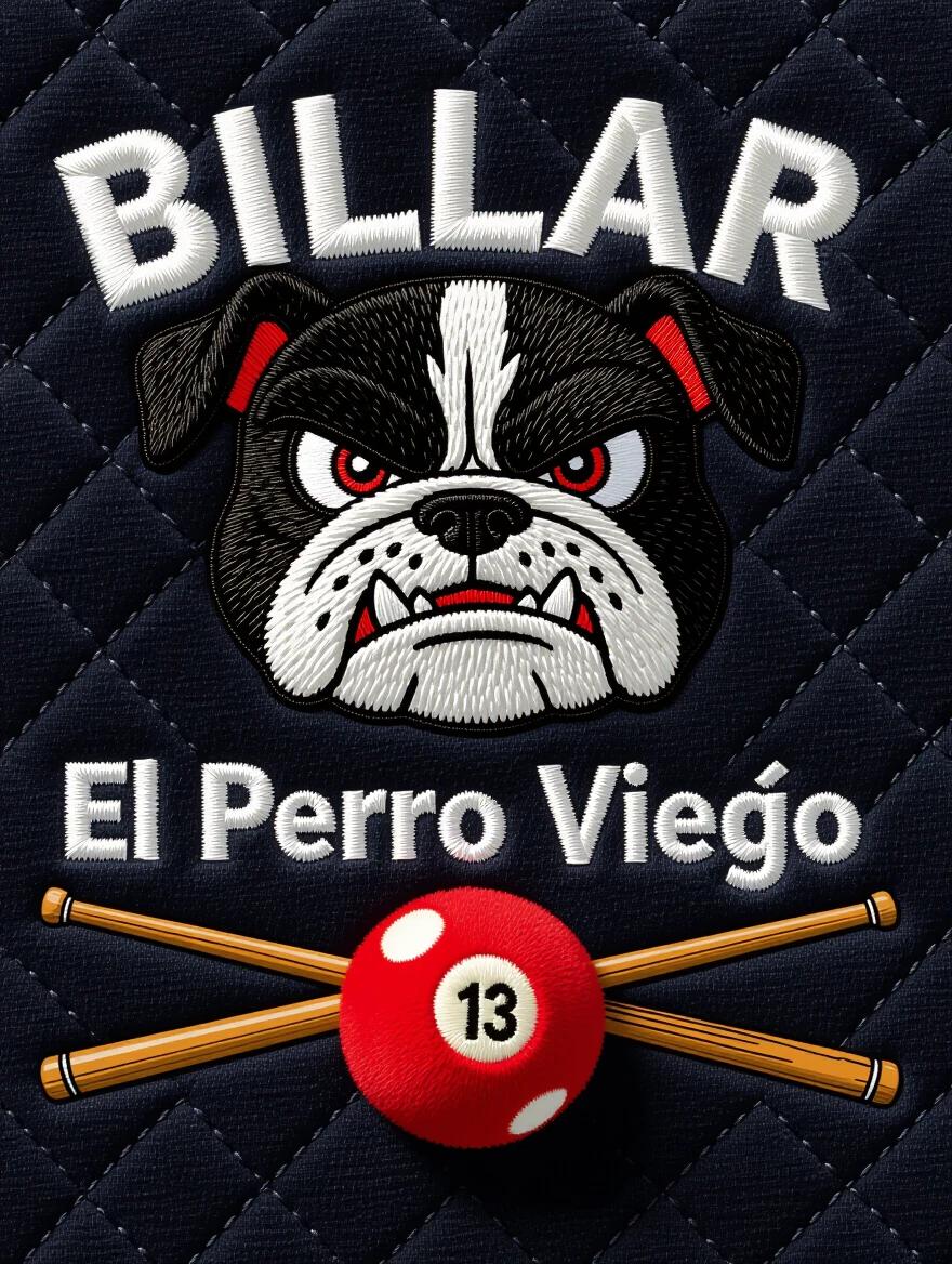 Design a 3D-style embroidered patch featuring a bulldog with aggressive facial features. Incorporate the text Billar El Perro Viejo in white and silver embroidery against a dark background. Add a plush red billiard ball and two crossed pool cues, with a soft quilted texture.