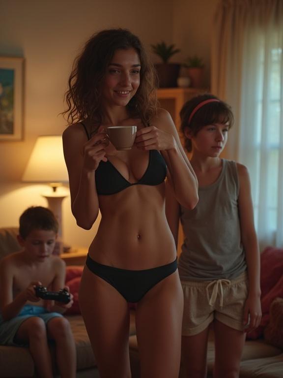 In a cozy living room a young woman in revealing sleepwear brings hot chocolate to her younger brother playing video games. She stands behind him her body close her hand resting on his shoulder as she offers the mug. The camera angle focuses from behind her emphasizing her figure while keeping the mood playful and domestic.
