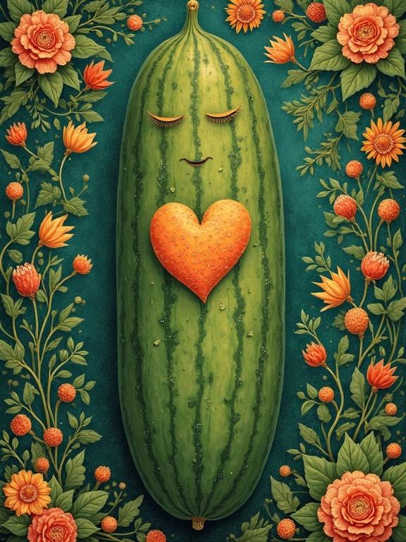A whimsical cucumber with a heart shape in front surrounded by detailed flowers and foliage. The cucumber has closed eyes and a serene expression. Bright colors are used to enhance the joyful theme.
