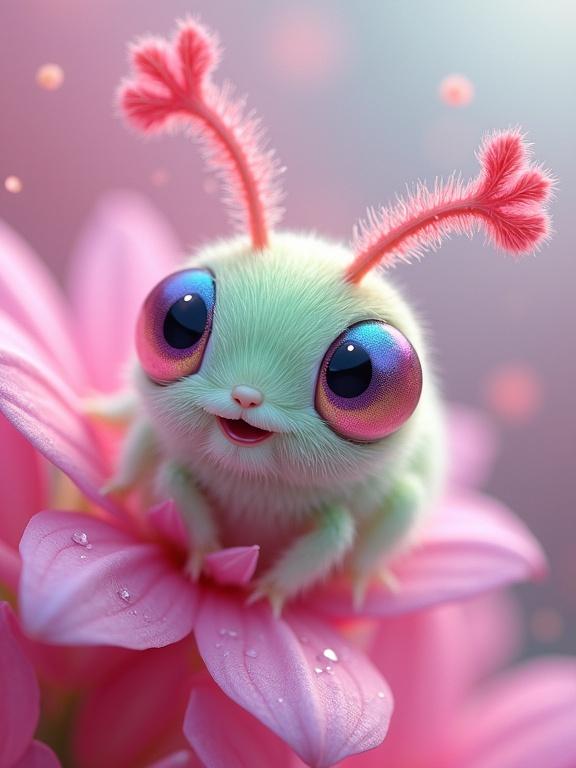 A whimsical fantasy insect sits on pink flower petals. The insect has a soft green body, large colorful eyes, and pink feathery antennae. The scene includes dew-kissed flowers and a dreamy blurred background with pastel hues.