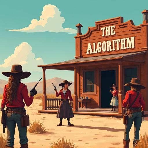 A stylized Wild West town with internet avatars Kiki, Nina, Aela. Characters engage in chaotic shootout using like and share icons. The saloon features the sign 'THE ALGORITHM'.
