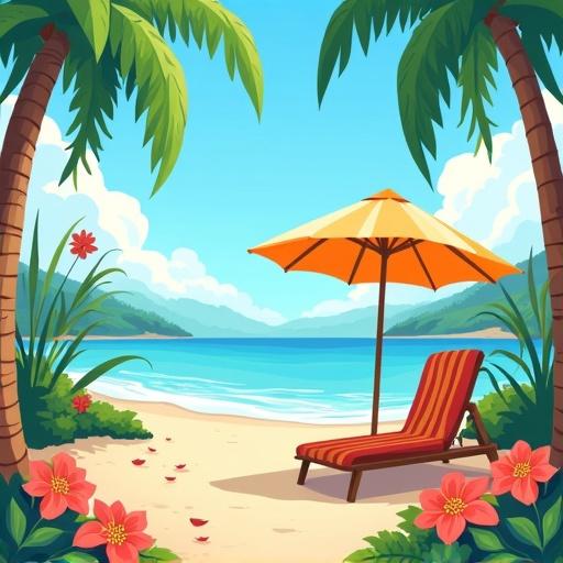 Cartoon style beach scene featuring a beach chair and umbrella with palm trees. Bright colors indicating summer vibes.