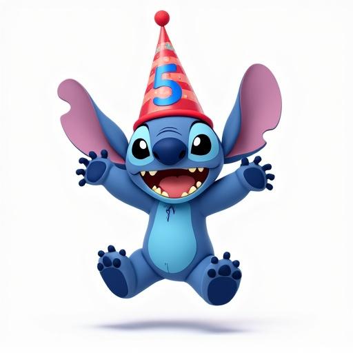 Happy Stitch character jumping. Wearing a birthday hat with the number 5. Joyful expression on face. Arms up in the air.