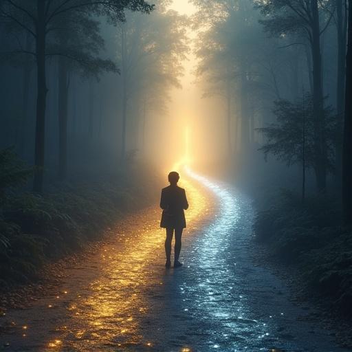 A person stands at the beginning of a glowing forked path in a fantasy environment. The path splits into two—one golden and one silver. A mysterious fog surrounds the area. The individual faces the split. They hold a glowing tablet. No text or icons visible.