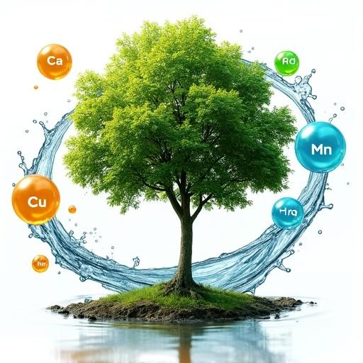 High-detail photo illustration of a healthy tree in a garden. A swirling ring of clear water revolves around the plant. Glowing bubbles show elemental nutrients. Bright studio lighting creates a vibrant and scientific visual.