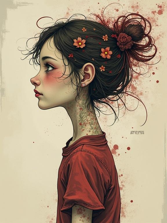 Profile of a girl in a brown shirt. Hair is styled in a bun with flowers. Floral elements are present around the head. Skin has a subtle textured look. Background is lightly splattered with color.