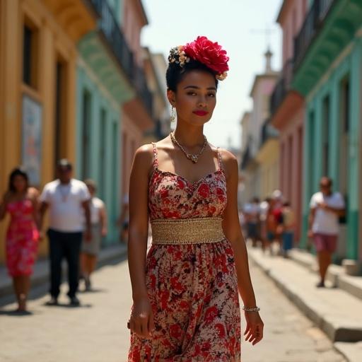 A woman dressed in a colorful traditional Cuban outfit walks through a vibrant Havana street. She wears a floral headdress and has an artistic poise. The streets are lively with onlookers and buildings in pastel hues. The sunlight enhances the scene.