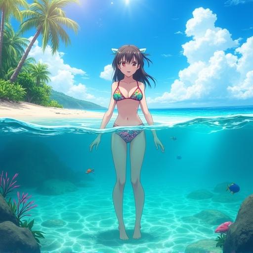 Anime beach scene with tropical island. Cheerful girl in colorful bikini stands waist-deep in clear turquoise water. Split view above and below water. Above shows bright blue sky, palm trees, sandy beach, vivid sunlight. Below shows legs underwater with tropical fish and aquatic plants. Light-hearted atmosphere with vibrant colors and anime art style.